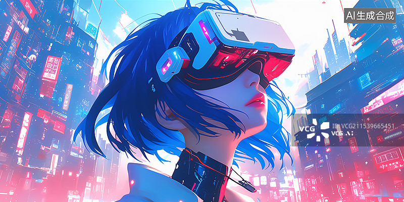 【AI数字艺术】卡通3D佩戴VR眼镜女孩俯视城市天际线图片素材