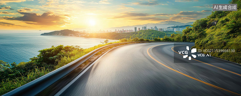 【AI数字艺术】城市郊外蜿蜒公路的日落景象图片素材