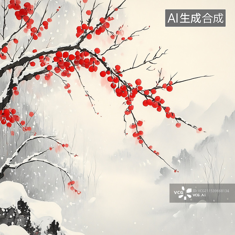 【AI数字艺术】冬天雪中的红梅花图片素材