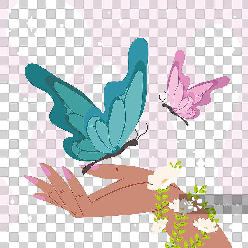 女人的手与蝴蝶和花朵图片素材