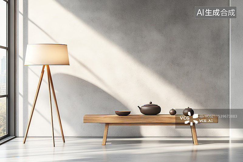 【AI数字艺术】中式禅意风格木茶几和茶具室内空间图片素材