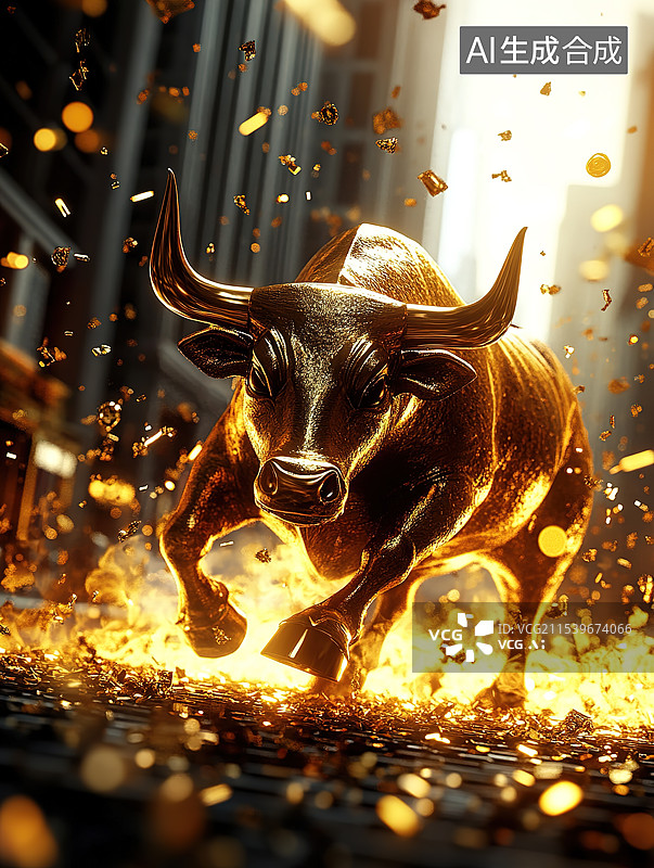 【AI数字艺术】金融建筑街道背景下的金牛象征着股市牛市图片素材