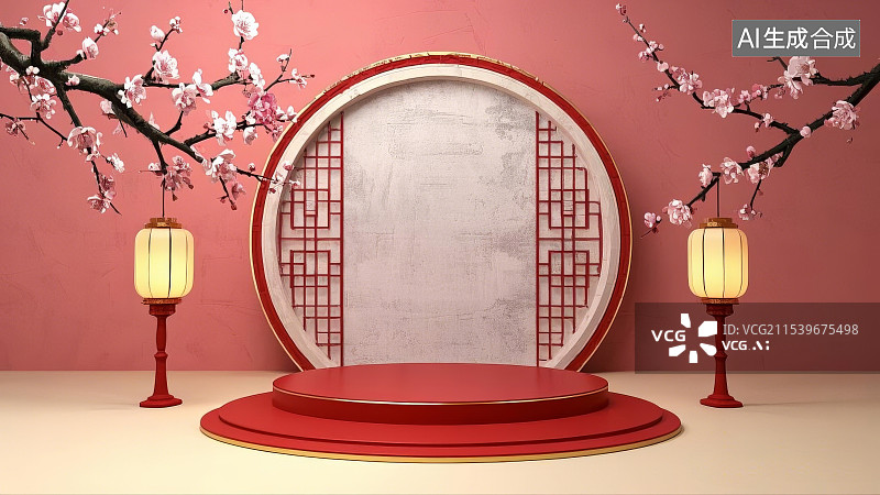 【AI数字艺术】中国红背景，传统文化背景，新春背景，新年背景，灯笼，屏风，C4D背景图片素材