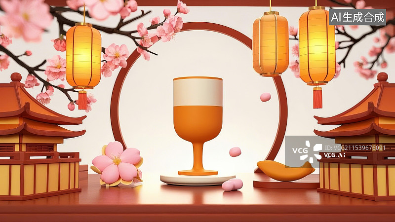 【AI数字艺术】中国新年元素，灯笼，酒杯，酒盅，茶杯，年夜饭图片素材