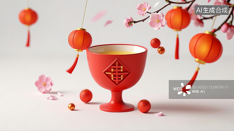 【AI数字艺术】中国新年元素，灯笼，酒杯，酒盅，茶杯，年夜饭图片素材