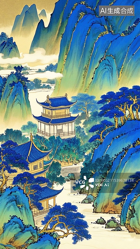 【AI数字艺术】中国青绿工笔山水画图片素材