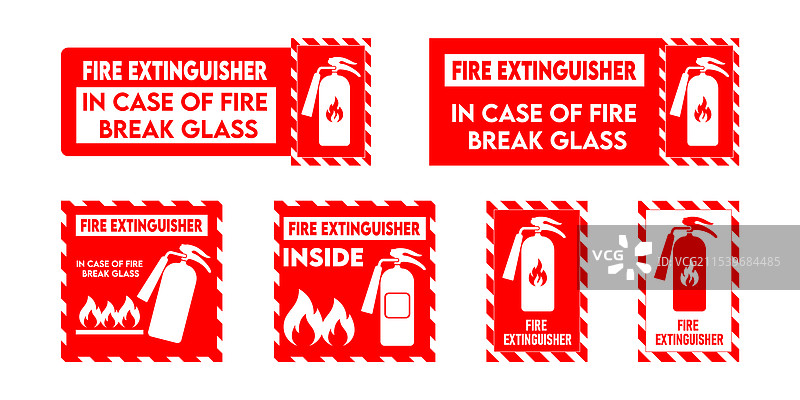 灭火器使用说明：在火灾发生时打破玻璃。图片素材
