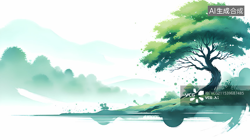 【AI数字艺术】春天树木水墨插画图片素材