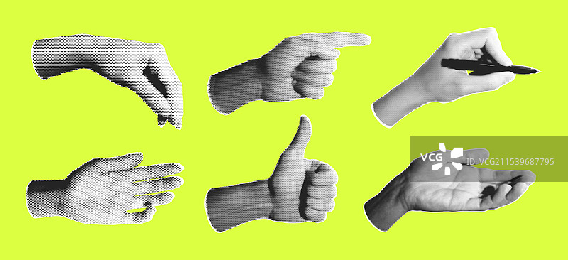 复古波普艺术风格的手部半色调图像集图片素材