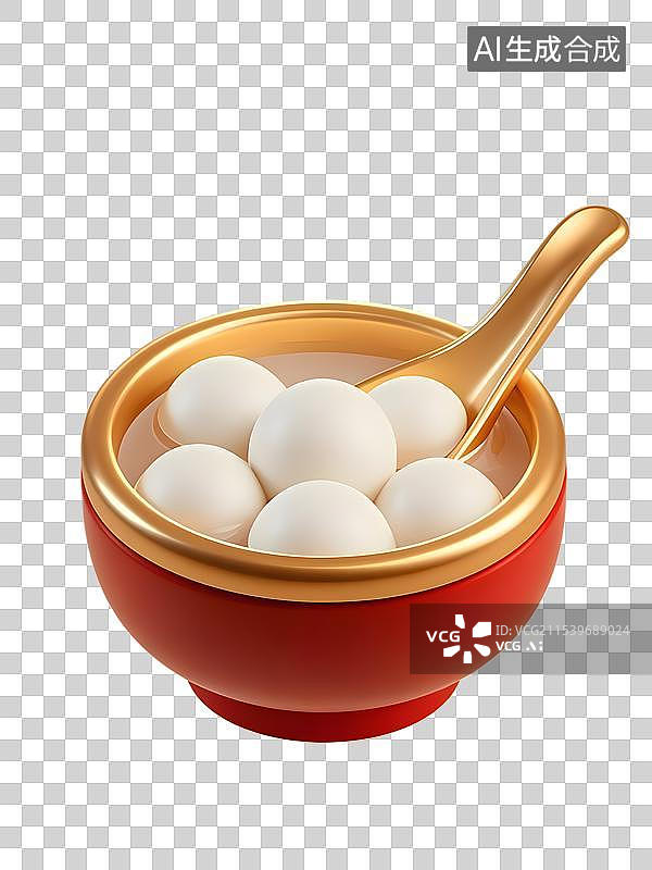 【AI数字艺术】红色碗中的元宵汤圆和勺子，3D免扣元素图片素材