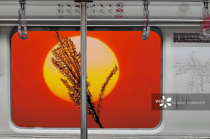 地铁车厢内部看灯箱画图片素材