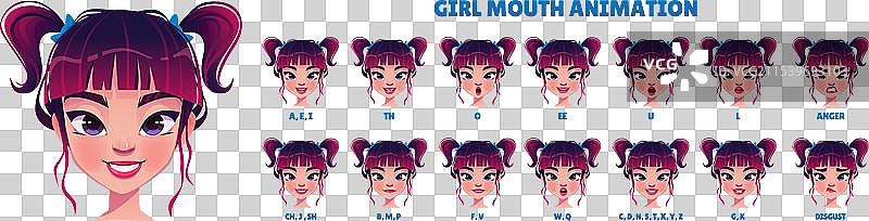 女孩嘴部动画集，独立于白色背景图片素材