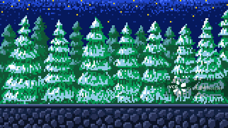 圣诞树在雪-covered森林中的8位像素艺术图片素材