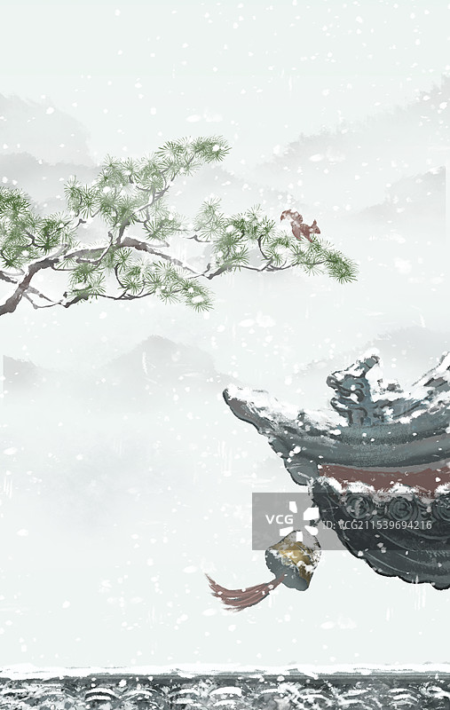 中国风写意古建筑  冬天节气插画图片素材