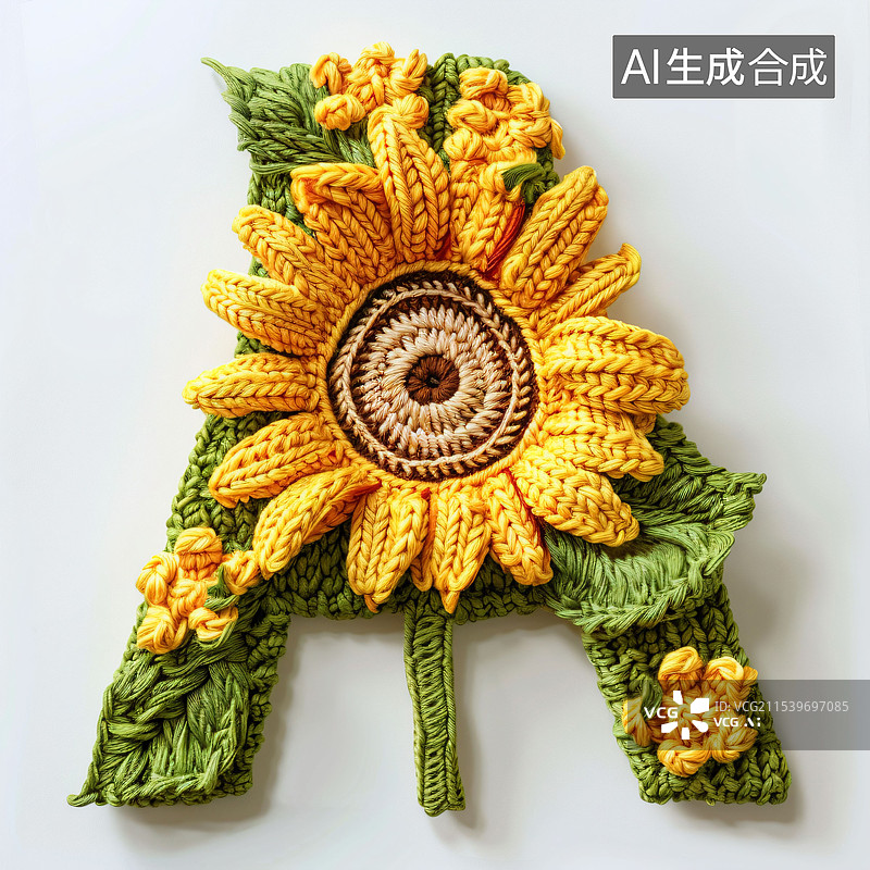 【AI数字艺术】白色背景上有花的织物的字母A、布艺、纺织物、向日葵、高角度视图、C4D图片素材