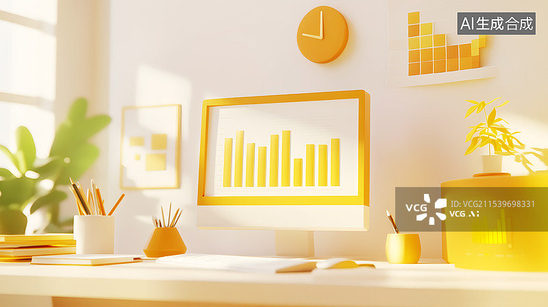 【AI数字艺术】AIGC：3D办公桌上的台式电脑显示的图表  背景插图插画图片素材