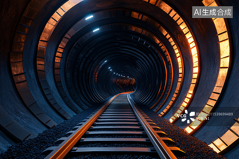 【AI数字艺术】带轨道的地下金矿隧道地下矿井工作场景背景图片素材