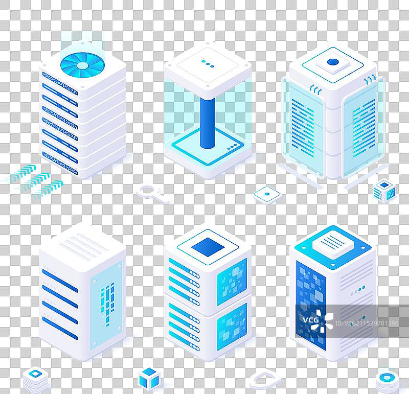 带有电蓝色装饰的天蓝色等距服务器图片素材