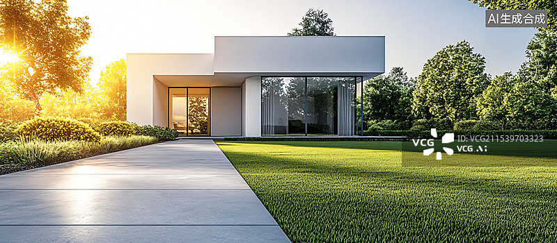 【AI数字艺术】现代感别墅，私家花园，汽车广告背景图图片素材