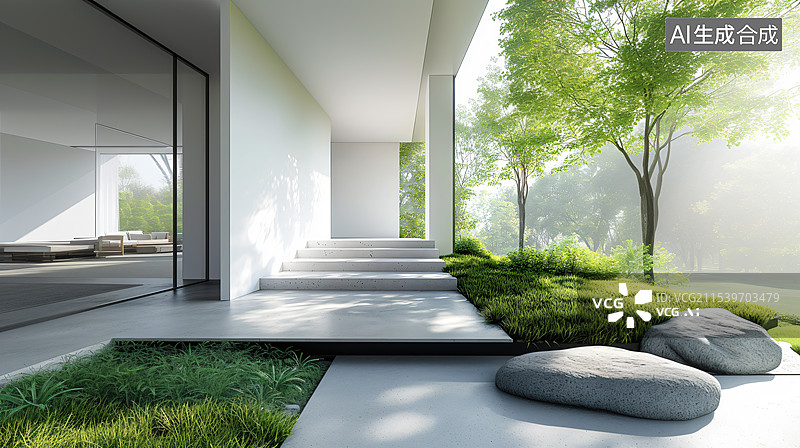 【AI数字艺术】现代感别墅，私家花园，汽车广告背景图图片素材