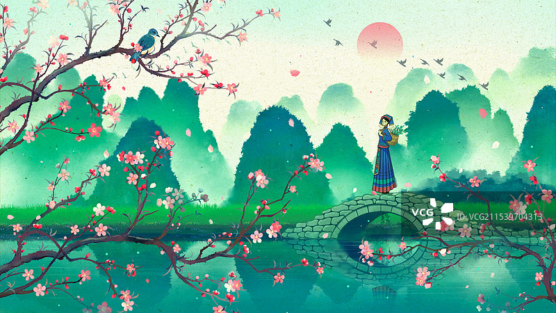 广西桂林桃花壮族女孩中国风山水画图片素材