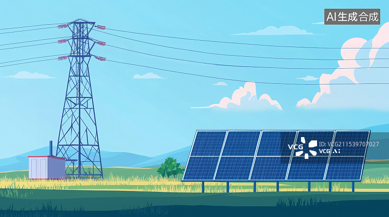【AI数字艺术】太阳能发电站，逆变器，电力和高压输电线路图片素材
