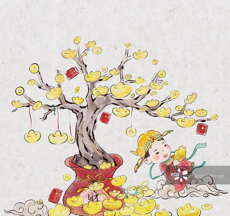 手绘水墨风可爱财神图片素材