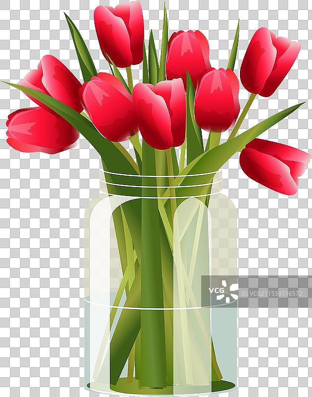 一束红色郁金香用玻璃罐绑在一起图片素材
