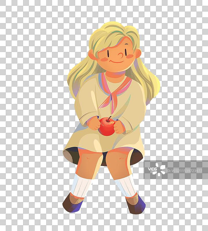 抱着苹果的可爱女孩插画图片素材