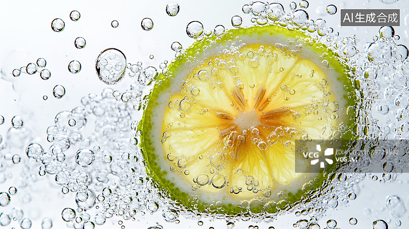 【AI数字艺术】水中的柠檬片和气泡图片素材