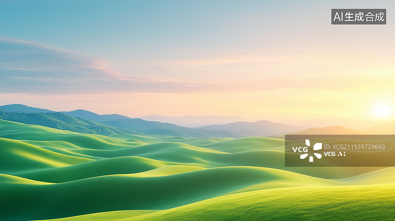 【AI数字艺术】日出时分的绿色丘陵图片素材