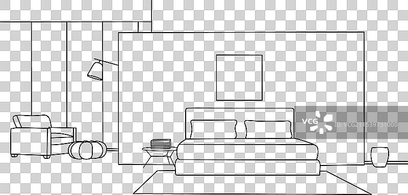 现代卧室配有家具、床、桌子和台灯图片素材