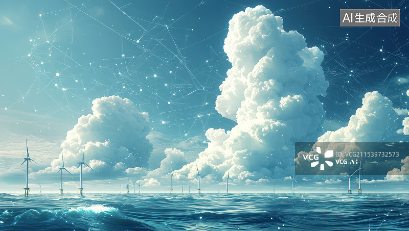 【AI数字艺术】数字化科技感风力发电清洁能源网络概念插图图片素材