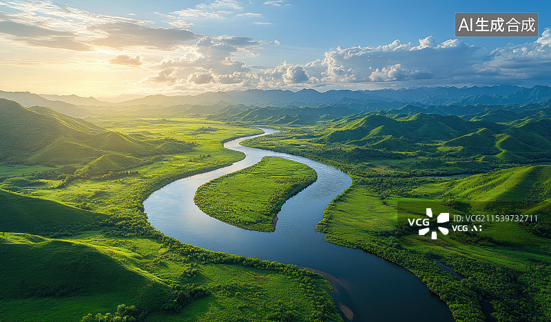 【AI数字艺术】绿色草原上弯曲的河流图片素材
