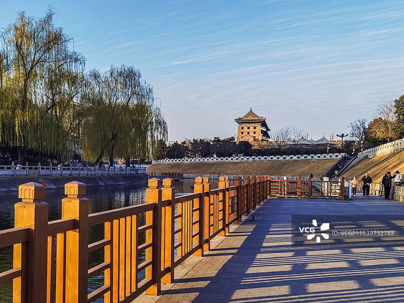 夕阳下的护城河观景步道(拍摄于西安天品西岸)图片素材