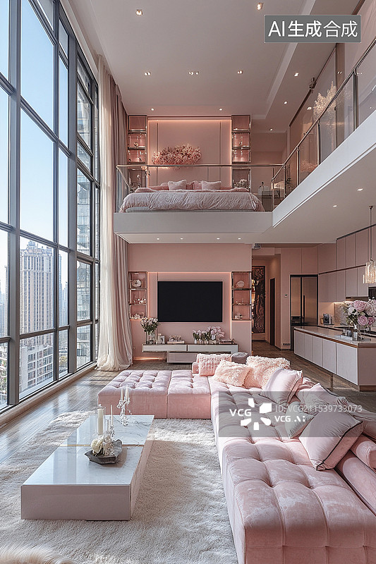 【AI数字艺术】粉色公寓loft复式家居场景图片素材