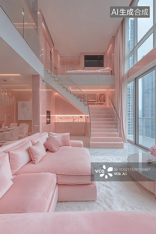 【AI数字艺术】粉色公寓loft复式家居场景图片素材