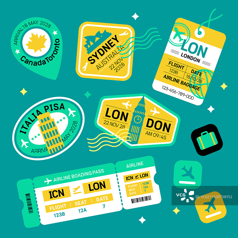标签、贴纸、机票、图标、票据、标签、邮票、邮戳、海外旅行图片素材