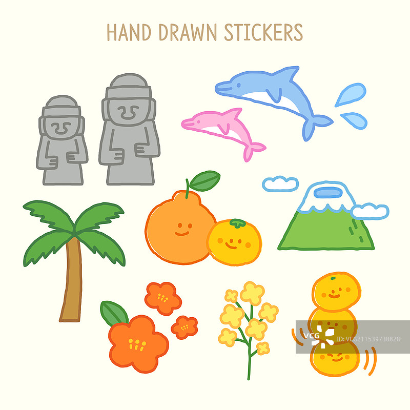 春天，花朵，植物，贴纸，图标集，线条艺术，手绘，可爱，子弹日记，精美，石头爷爷，济州岛，海豚，哈拉棒，角色，柑橘类水果，汉拿山国家公园，棕榈树，山茶花，油菜。图片素材