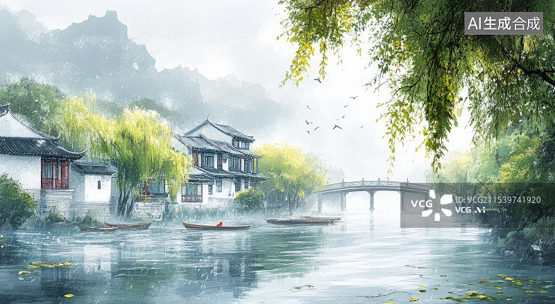 【AI数字艺术】中国风水墨画风格烟雨江南古镇水乡插画图片素材