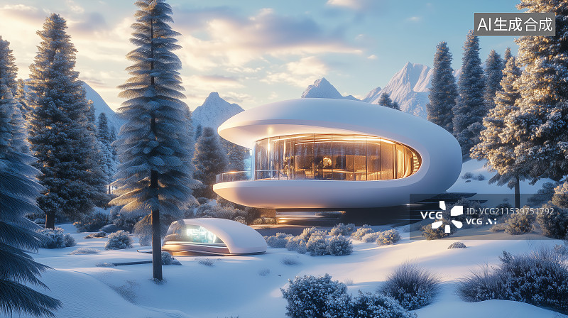 【AI数字艺术】冬季雪景和现代别墅建筑图片素材