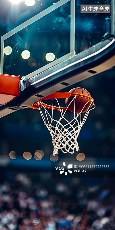 【AI数字艺术】篮球在相机闪烁的背景下慢动作击中篮筐图片素材