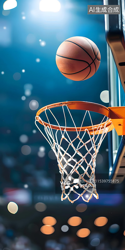 【AI数字艺术】篮球在相机闪烁的背景下慢动作击中篮筐图片素材