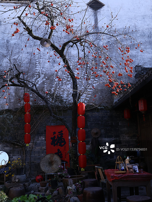徽派建筑白墙黑瓦和柿子树图片素材
