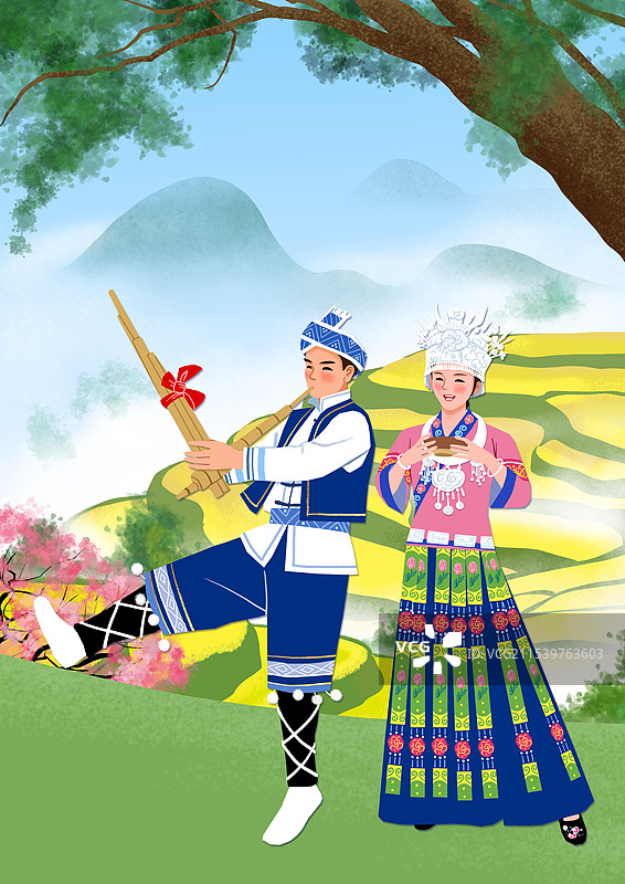 唱歌跳舞的苗族男女和梯田风光图片素材