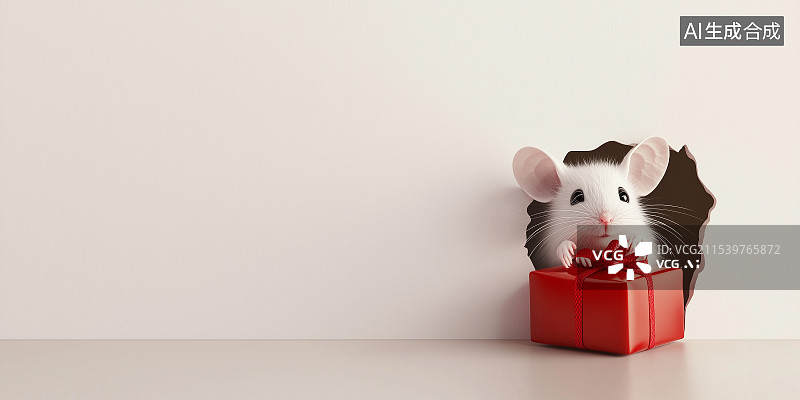 【AI数字艺术】一只小白鼠从光滑的白墙洞里带着一个五彩缤纷的生日礼物出来，营造出惊喜和可爱的氛围。图片素材