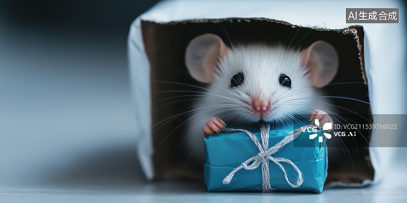 【AI数字艺术】一只小白鼠从光滑的白墙洞里带着一个五彩缤纷的生日礼物出来，营造出惊喜和可爱的氛围。图片素材