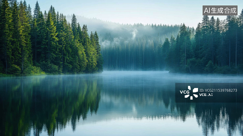 【AI数字艺术】中国风山水迷雾森林湖面晨雾绿色树林图片素材