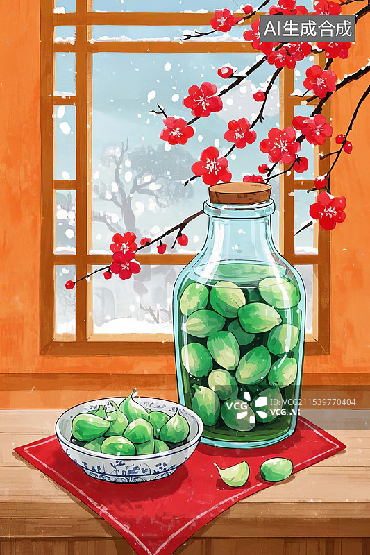 【AI数字艺术】桌上一瓶腊八蒜，窗外下着雪花和盛开的红梅图片素材