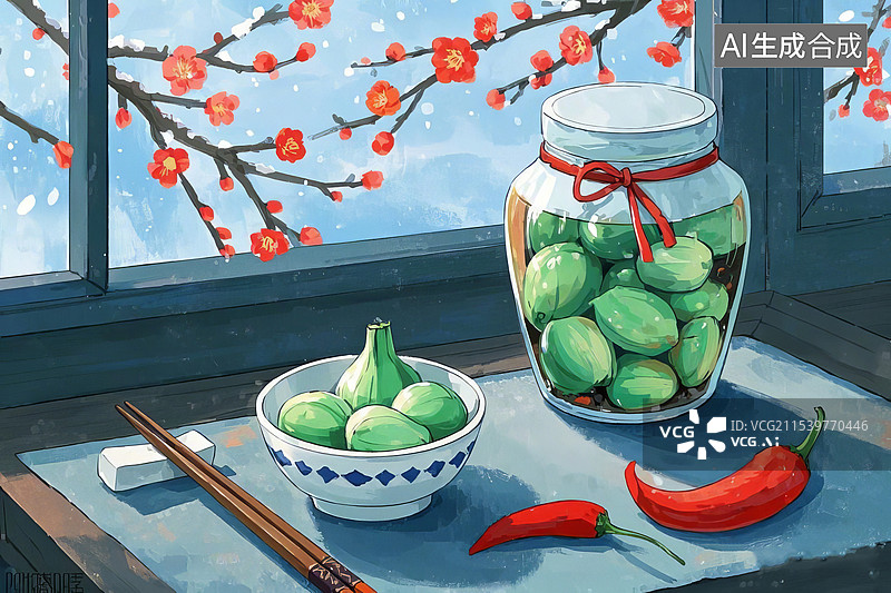 【AI数字艺术】桌上一瓶腊八蒜，窗外下着雪花和盛开的红梅图片素材